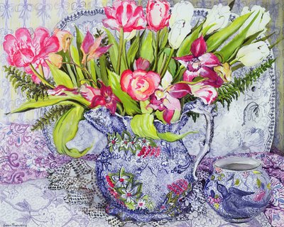 Pink and White Tulips, Orchids and Blue Antique China by Joan Thewsey